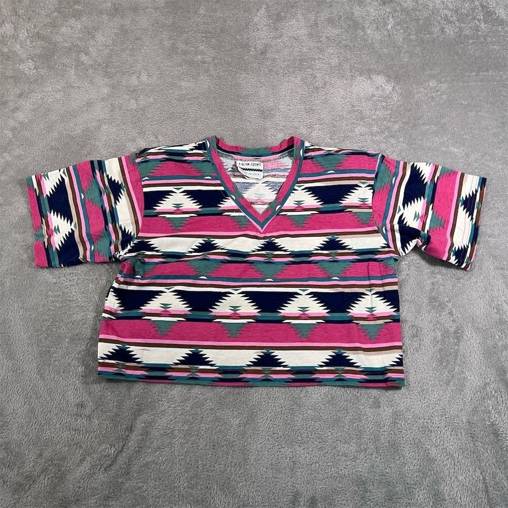 VTG Meta Sport Womens Top Small Pink Aztec Geometric V-Neck Made in USA